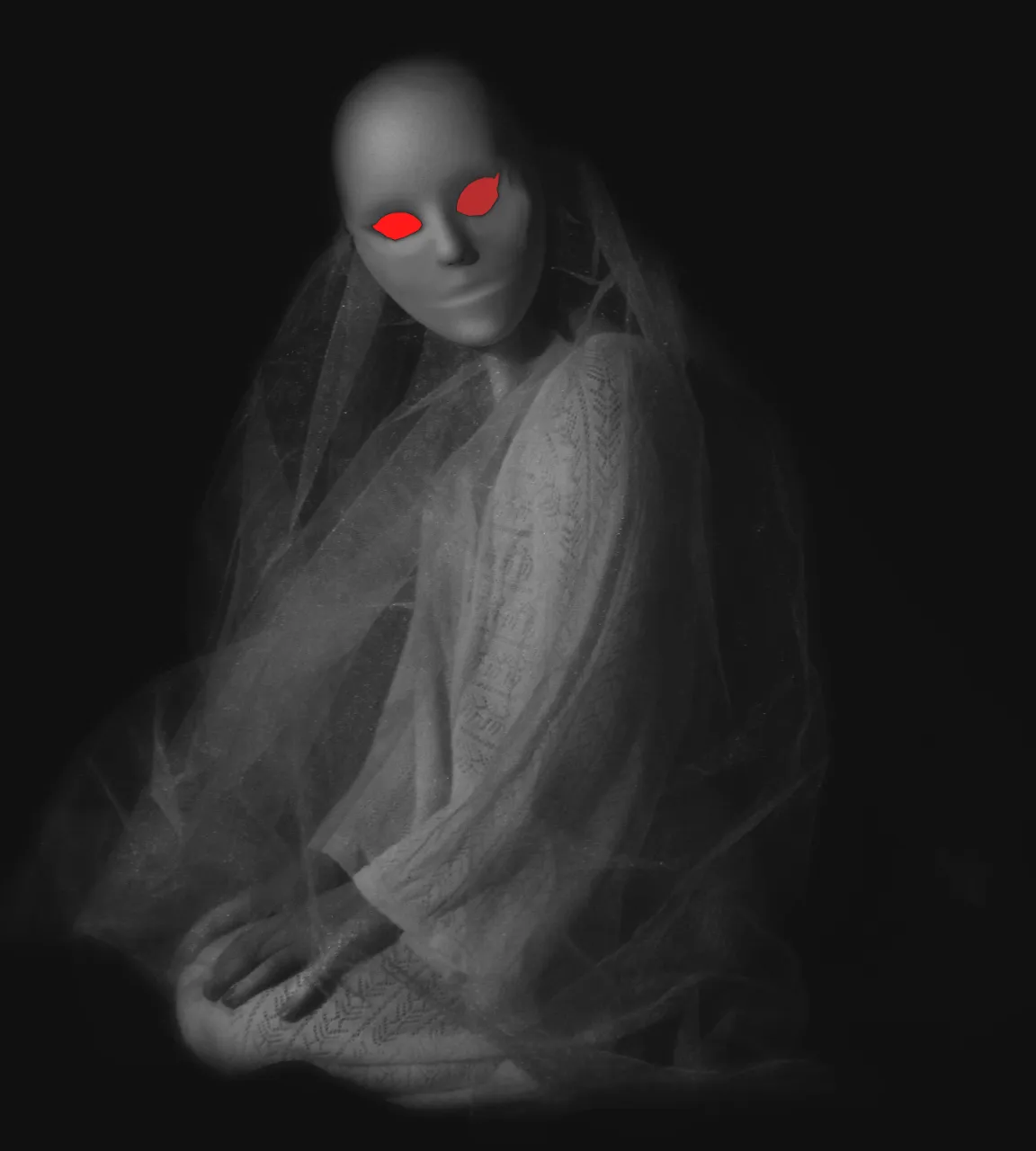 a creepy doll wearing a veil with red eyes