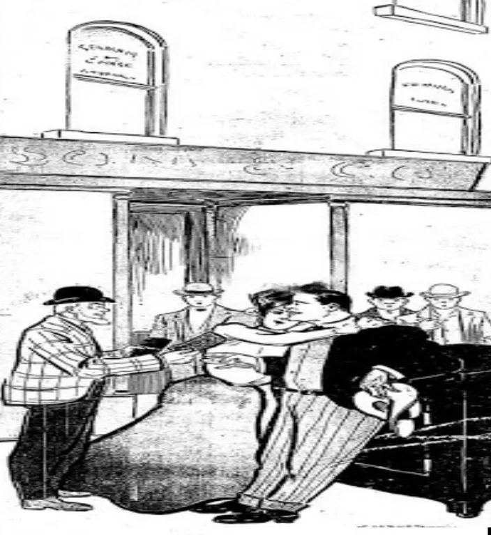 a black and white drawing of people in a train station