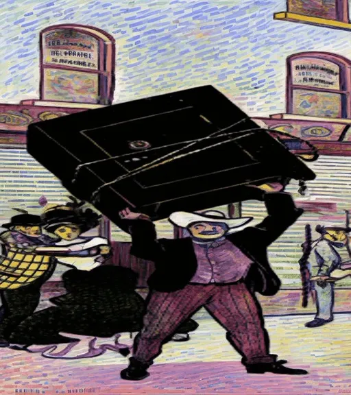 a drawing of a man carrying a large box on his head