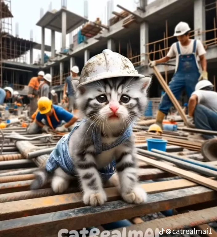 a small kitten wearing a construction helmet on a construction site