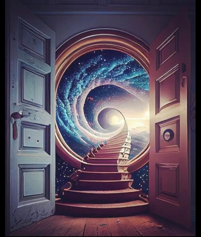 an open door leading to a stairway leading to a star filled sky