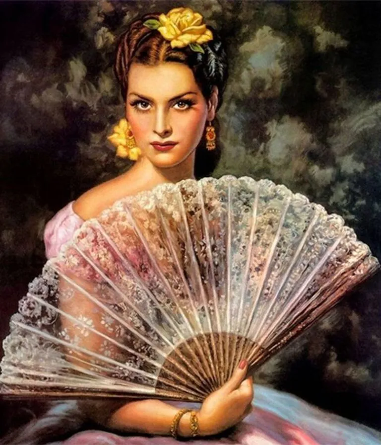 a painting of a woman holding a fan