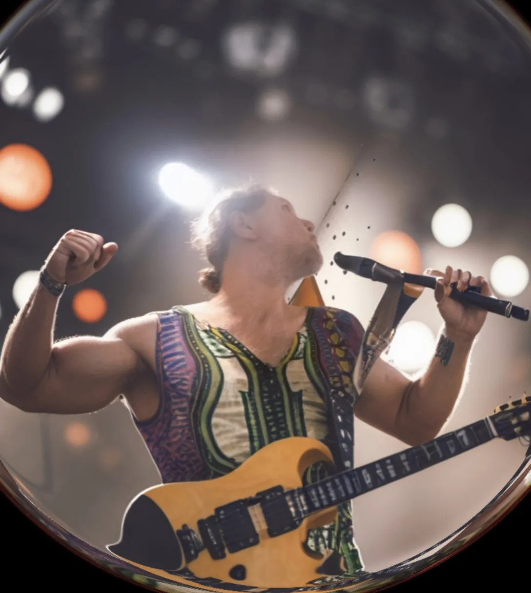 a man holding a guitar and singing into a microphone