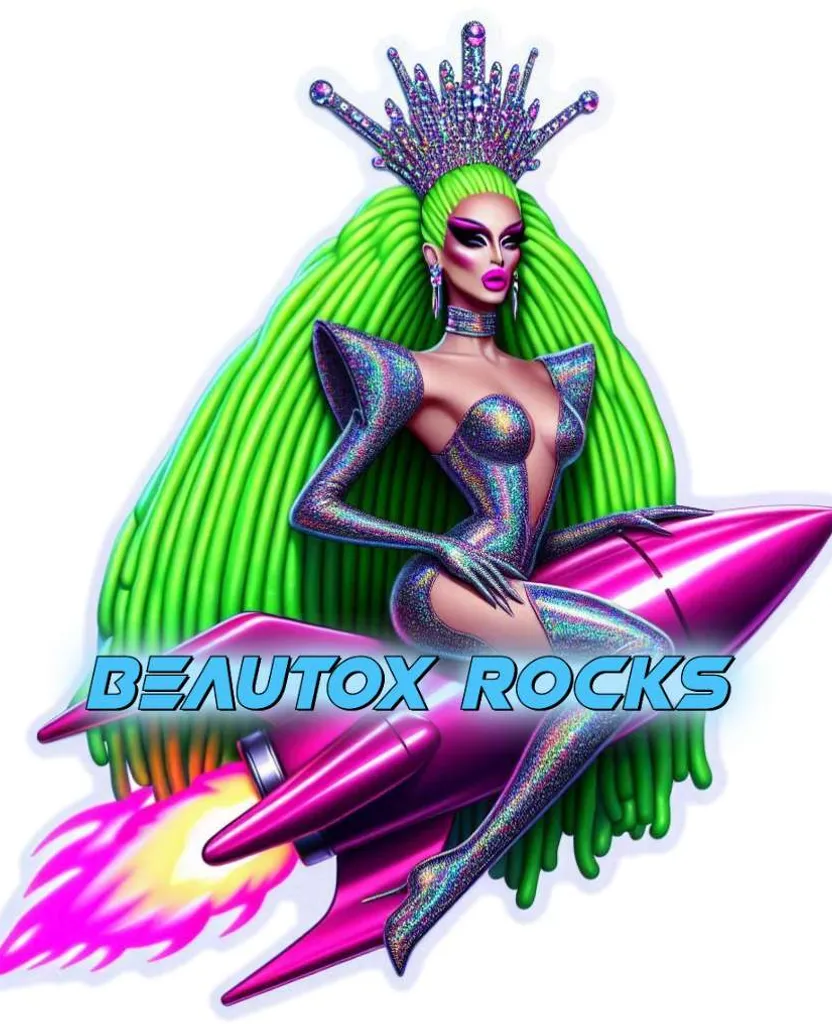 Intergalactic Spaceship Queen from the party planet, Wearing holographic fashions, is blowing hand kisses, rocket has flames and smoke coming out the back, advertising style