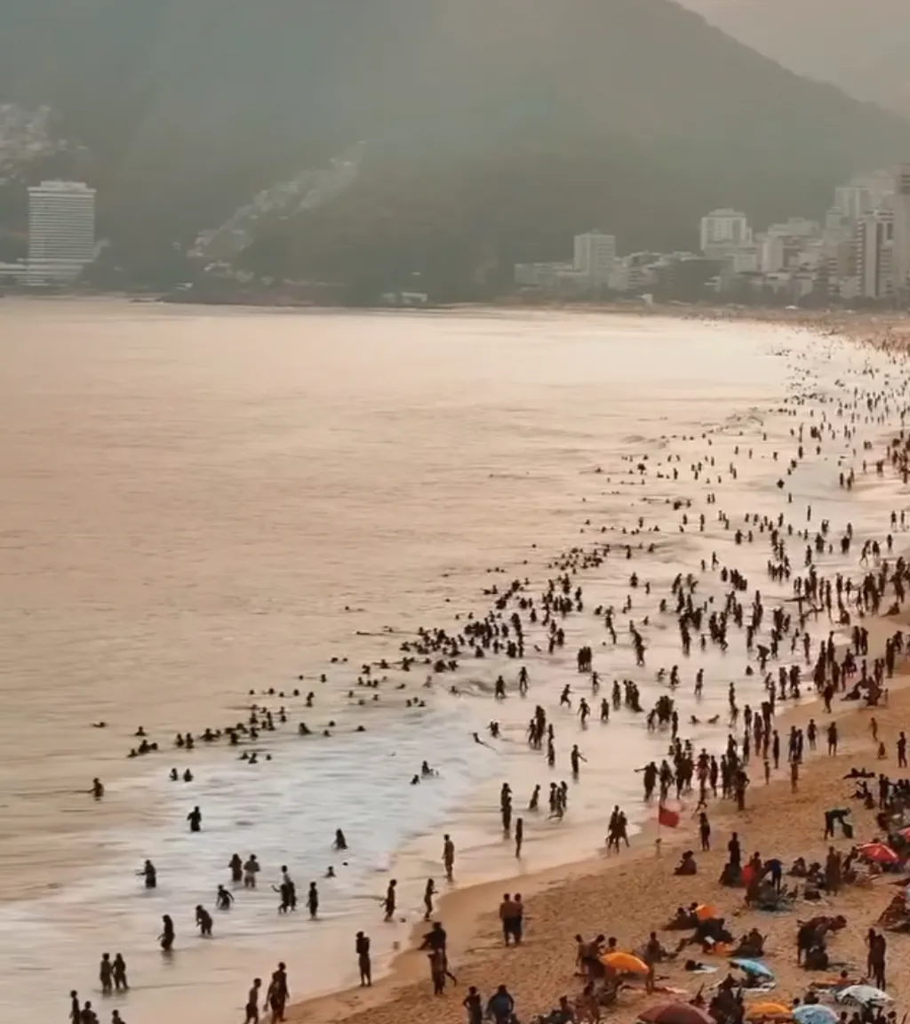 a large group of people standing on top of a beach oil painting 