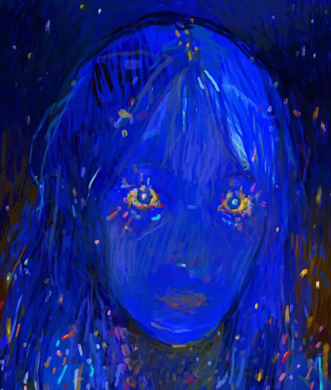 a painting of a woman with blue hair