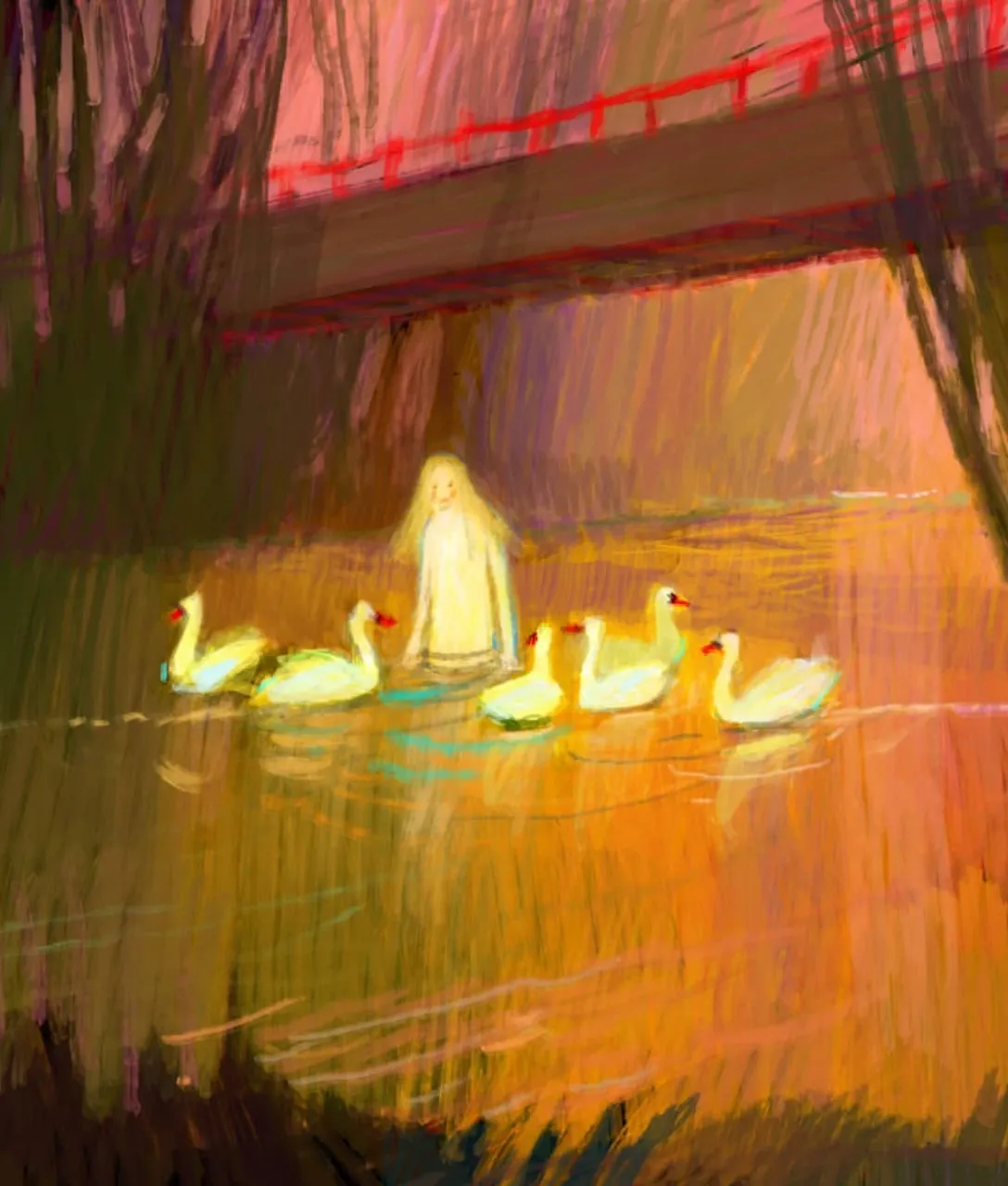 a painting of ducks swimming under a bridge