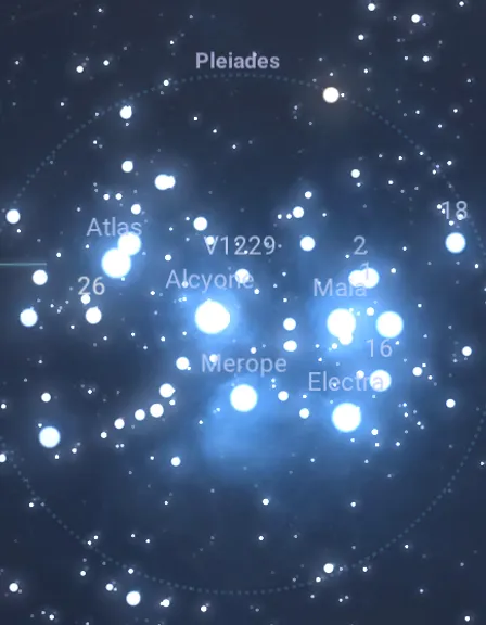 a star cluster with the names of all its stars Pleiades star cluster (stars: Atlas, Alcyone, Merope, Maia, Electra, Celaeno