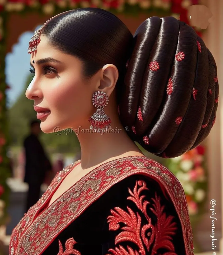 Kareena Kapoor wearing a black and red outfit with a large bun