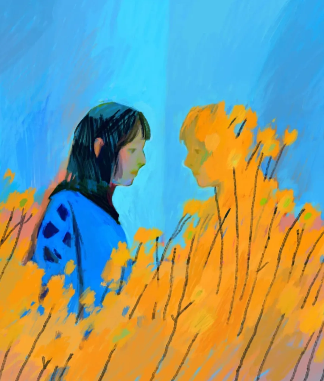 a painting of two people in a field of flowers