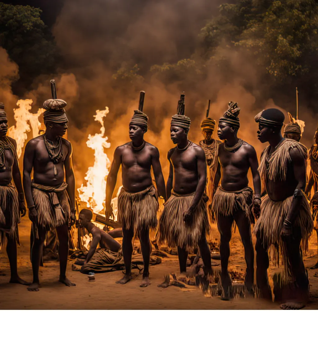 a group of men standing next to each other in front of a fire