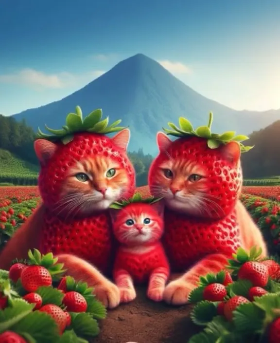 two cats and kitty with strawberries on their heads