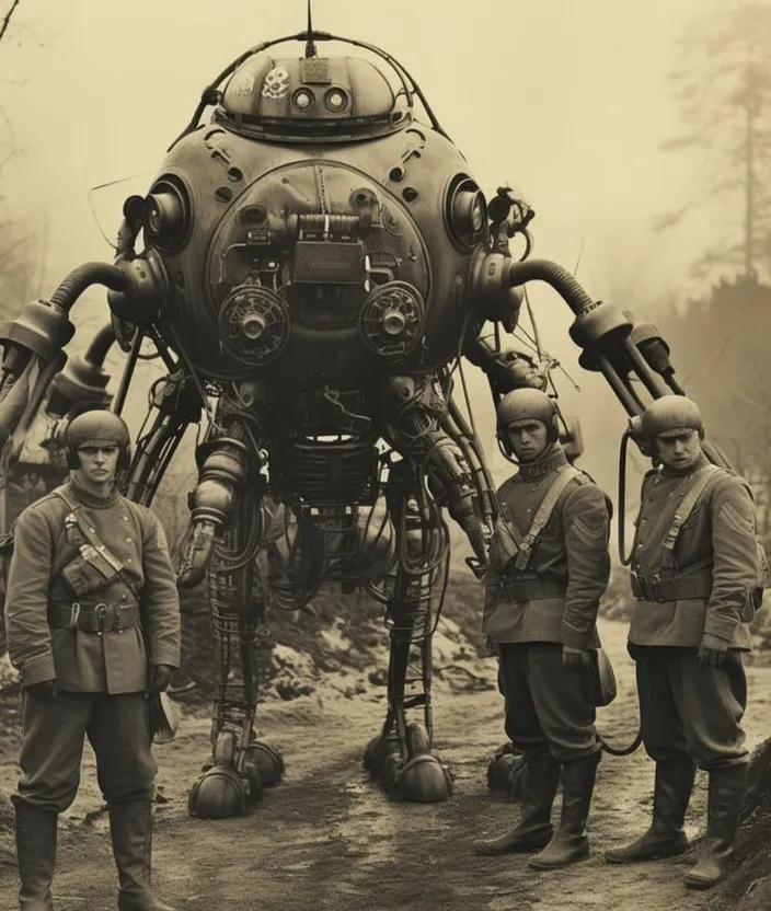 a group of men standing next to a giant robot