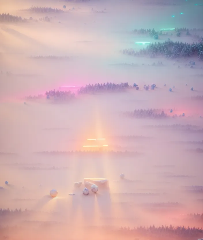 a foggy landscape with a bright beam of light