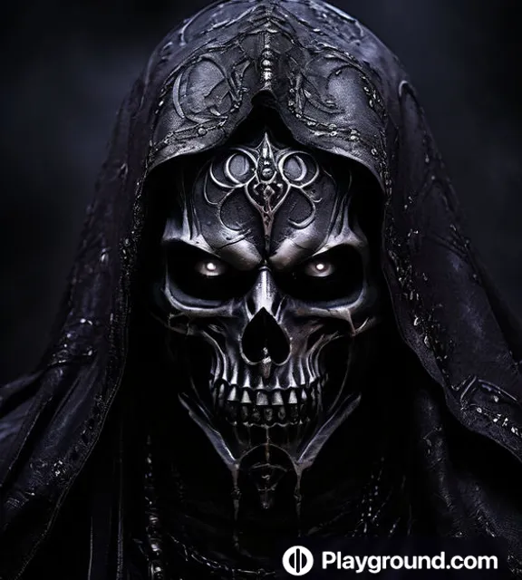 a skull wearing a black robe and a hood