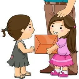 a little girl handing a box to a man