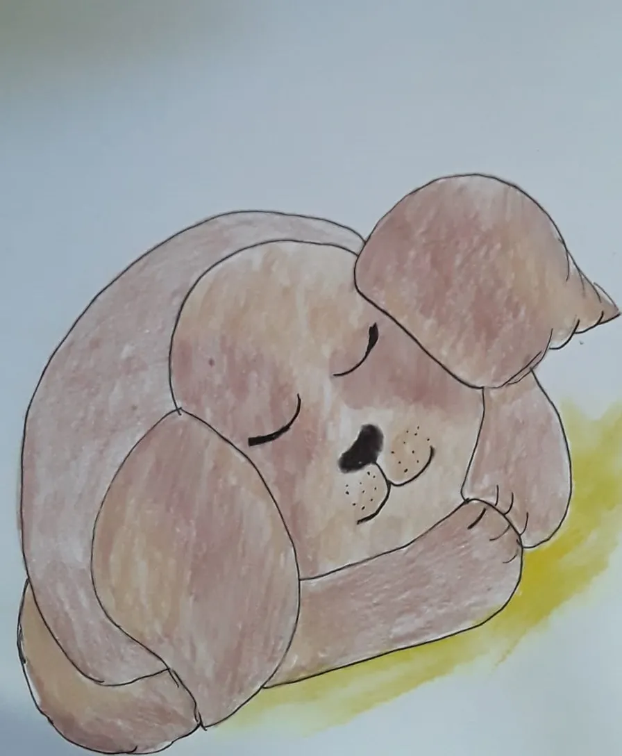 a drawing of a dog sleeping and dreaming on the ground