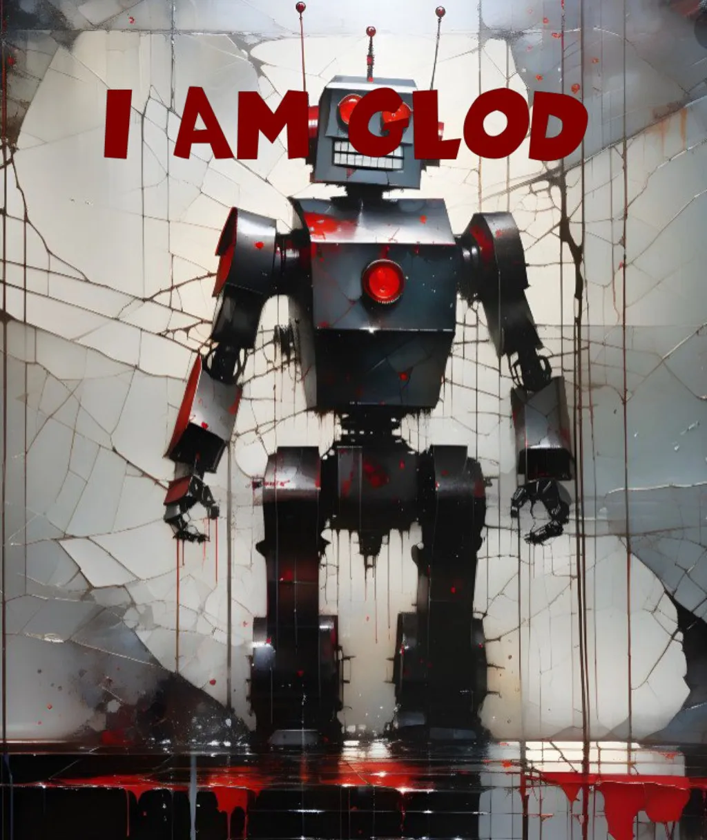 a poster of a robot standing in front of a broken glass wall