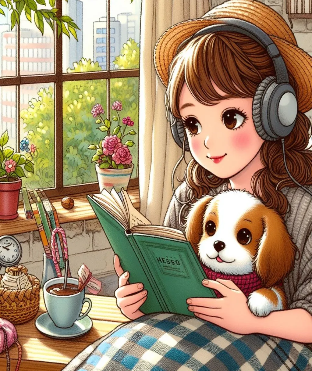 a girl reading a book while holding a dog