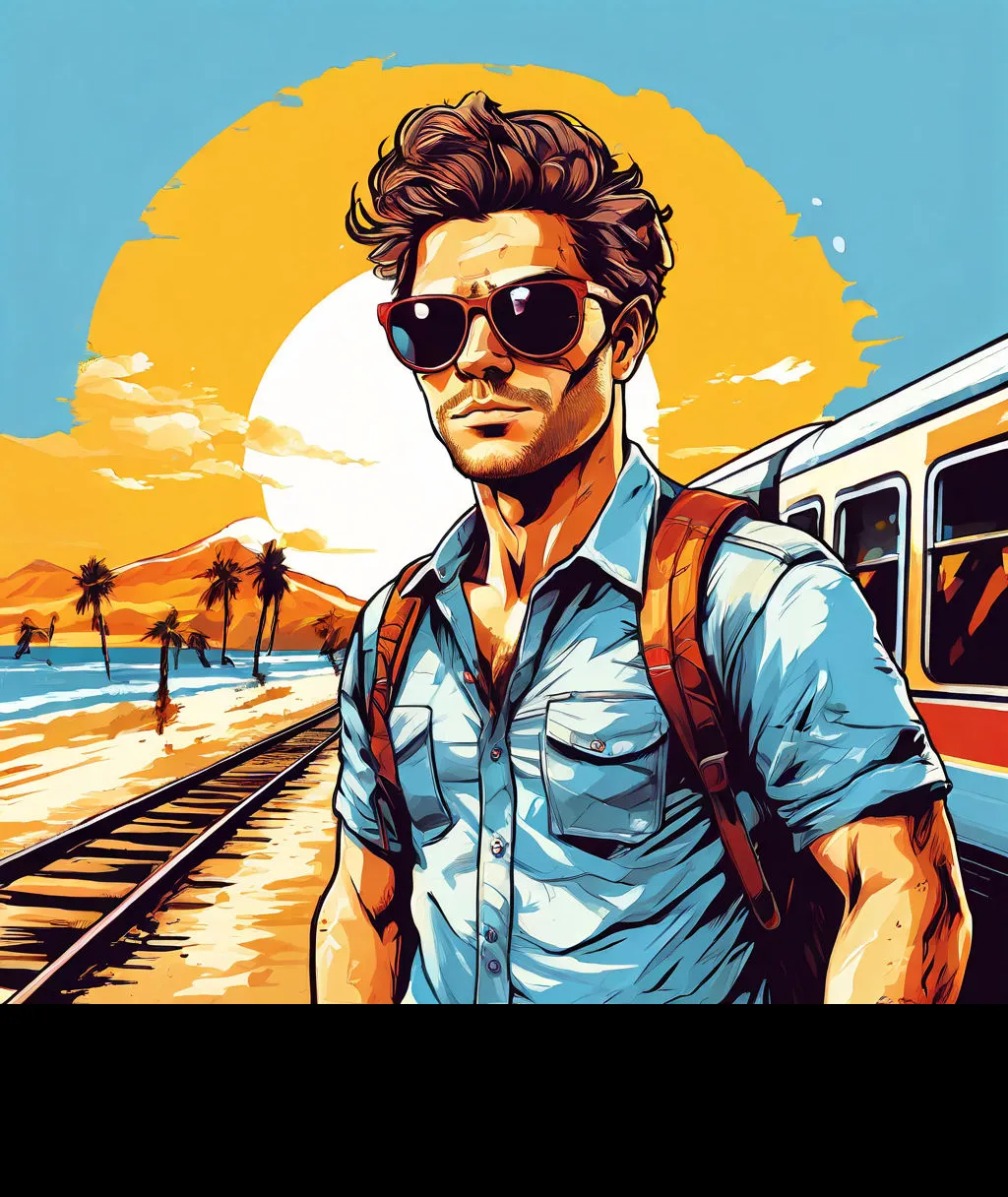 A man with a backpack and sunglasses stands on the train tracks under the scorching sun