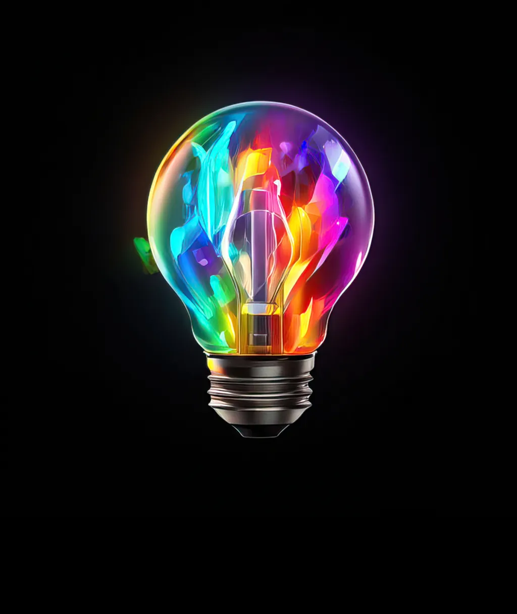 a colorful light bulb on a black background