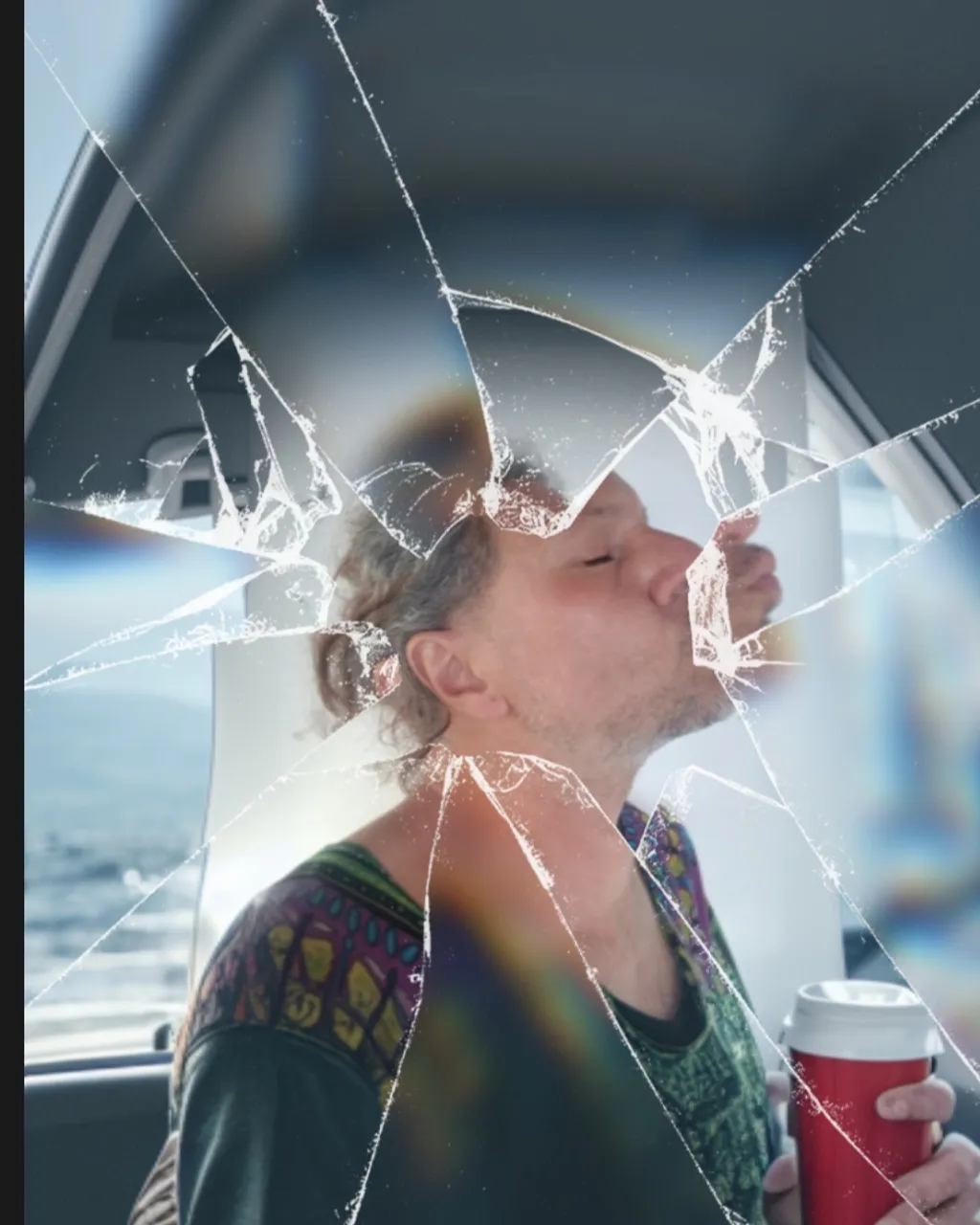 a woman drinking a drink through a broken windshield