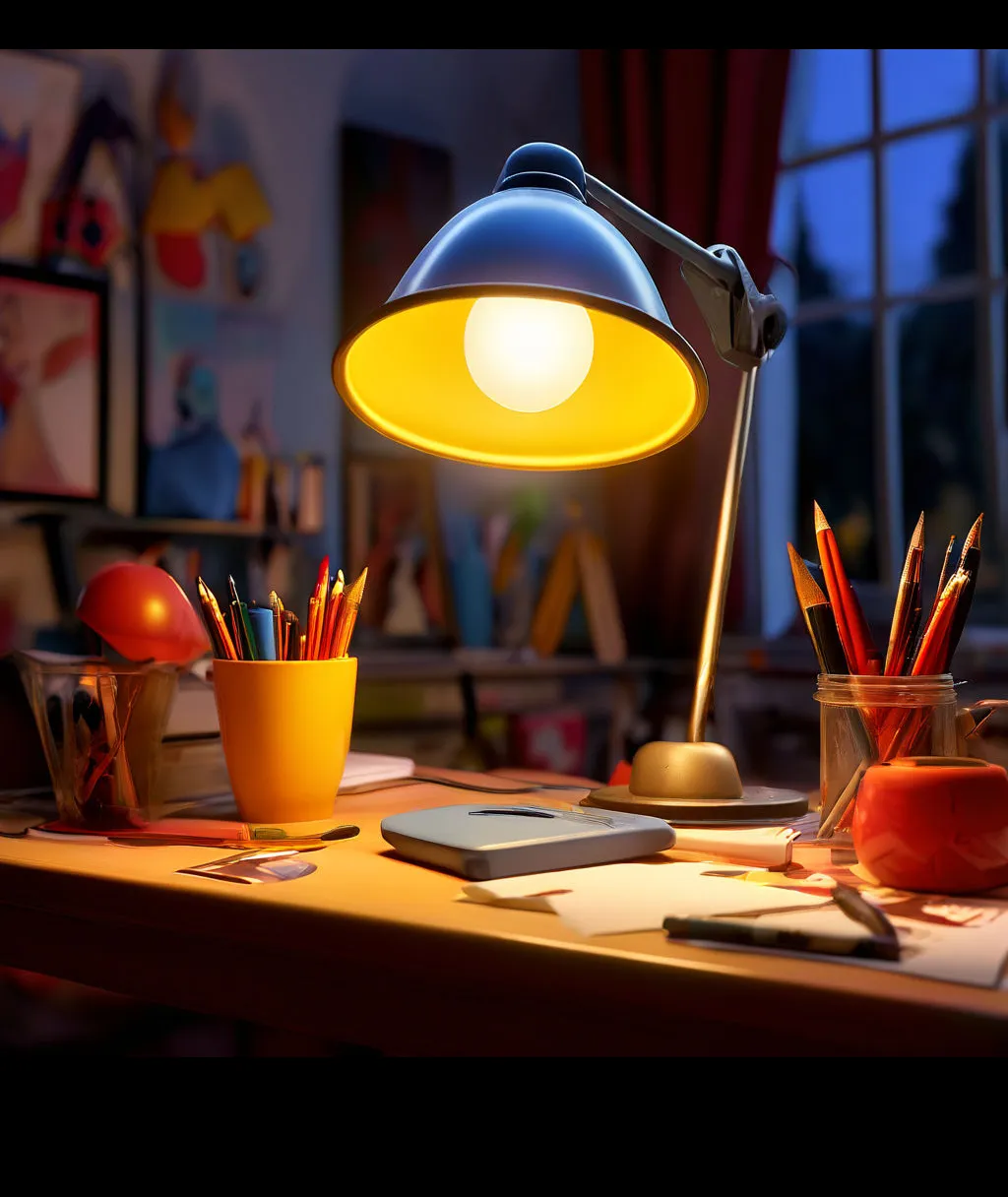 a desk with a lamp on top of it