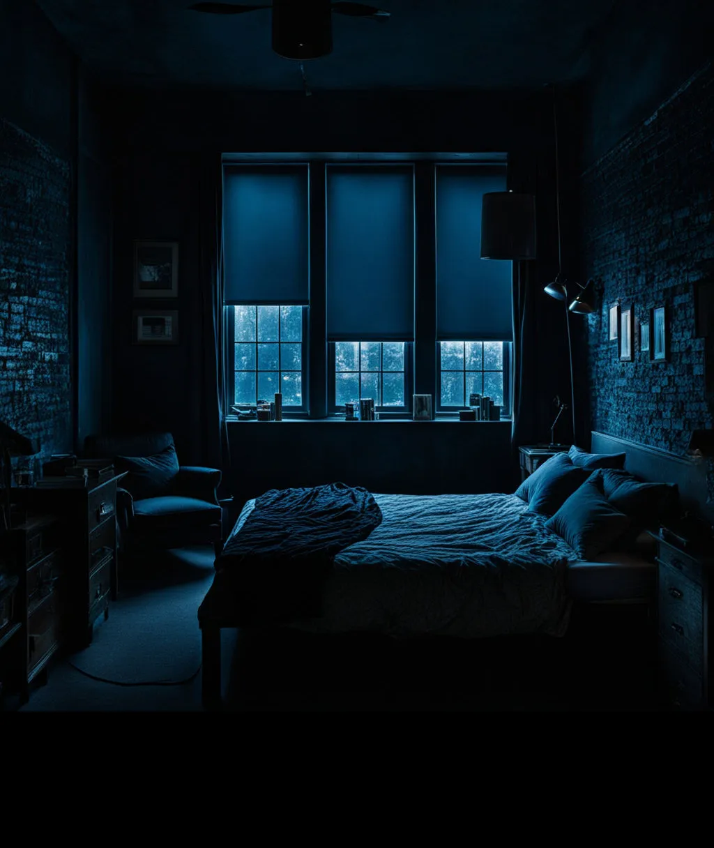 A bedroom with a bed and a window at night