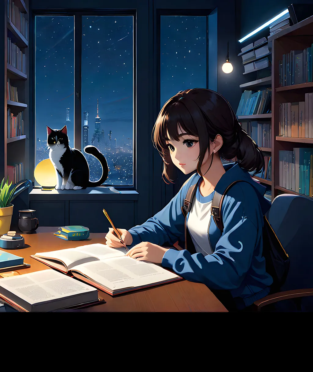 a girl sitting at a desk with a book and pen in front of a window。There is a cat on the windowsill