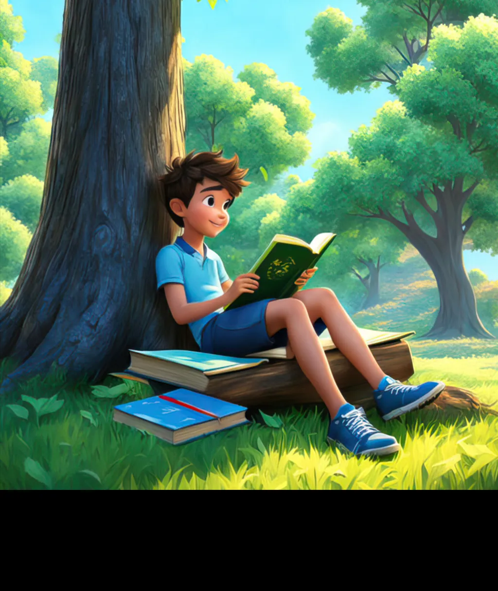 a boy is sitting under a tree reading a book