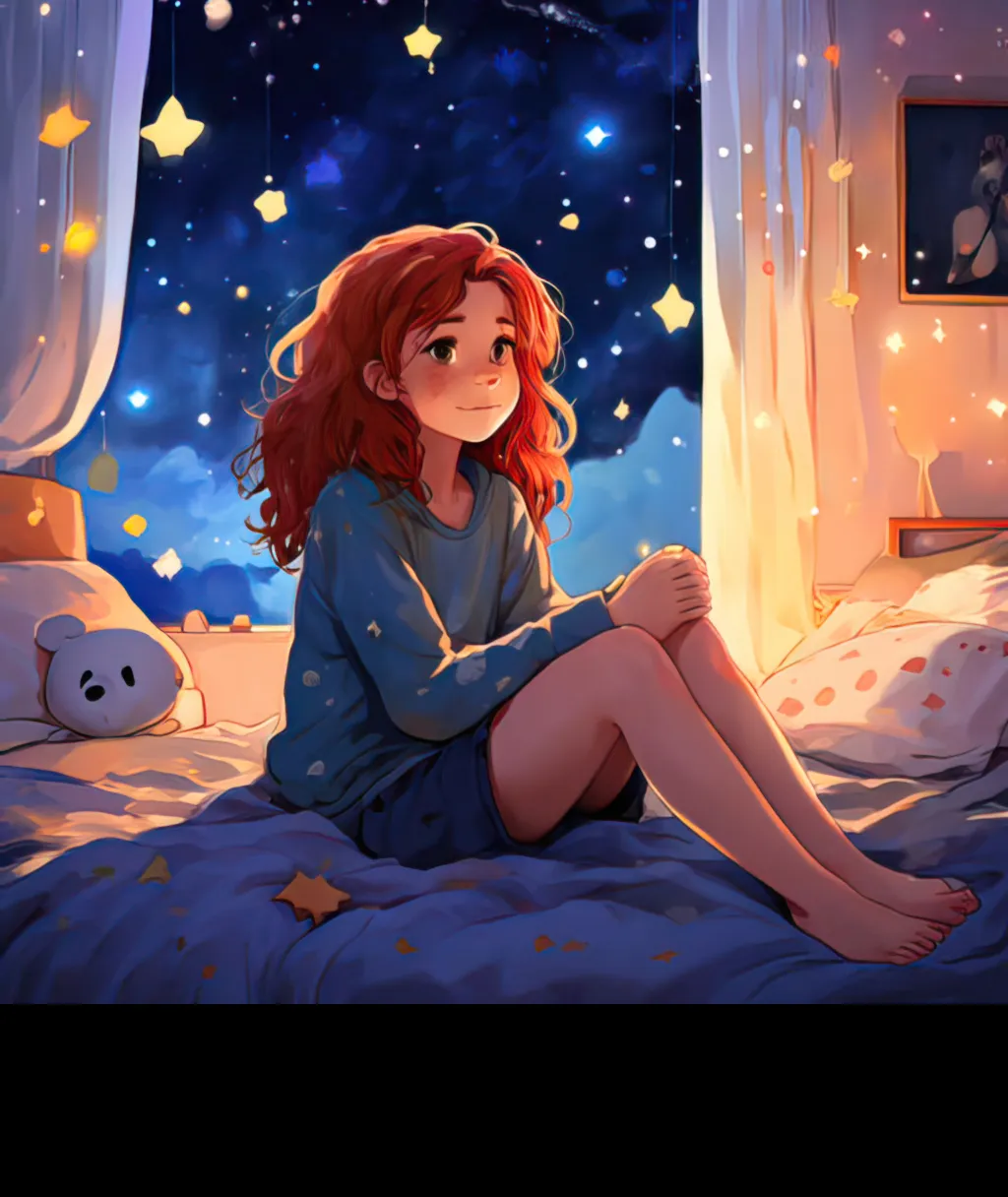 A girl sitting on the bed at night