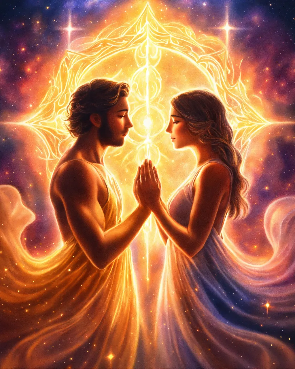 a painting of two people standing in front of a star