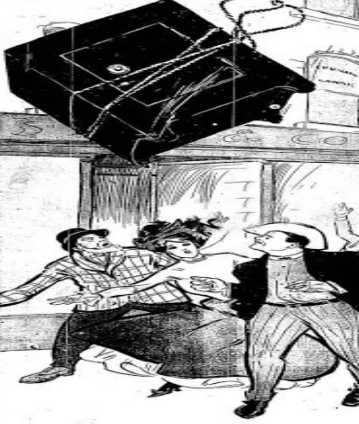 A box falling from a window a scared lady next to an older man a strong man with a cowboy hat to the rescue while the box falls same image two feet two hands 