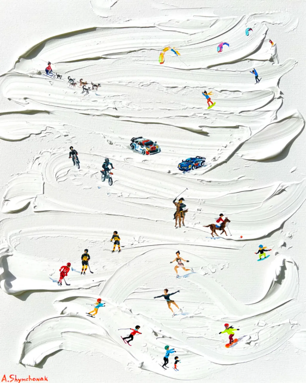 a group of people riding skis down a snow covered slope