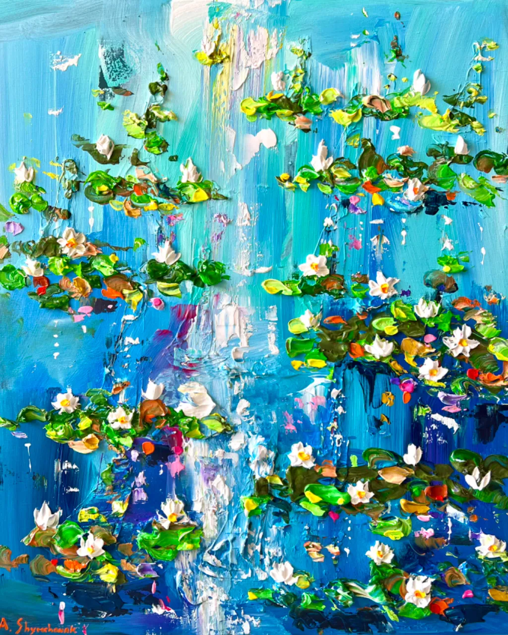 a painting of water lilies floating in a pond