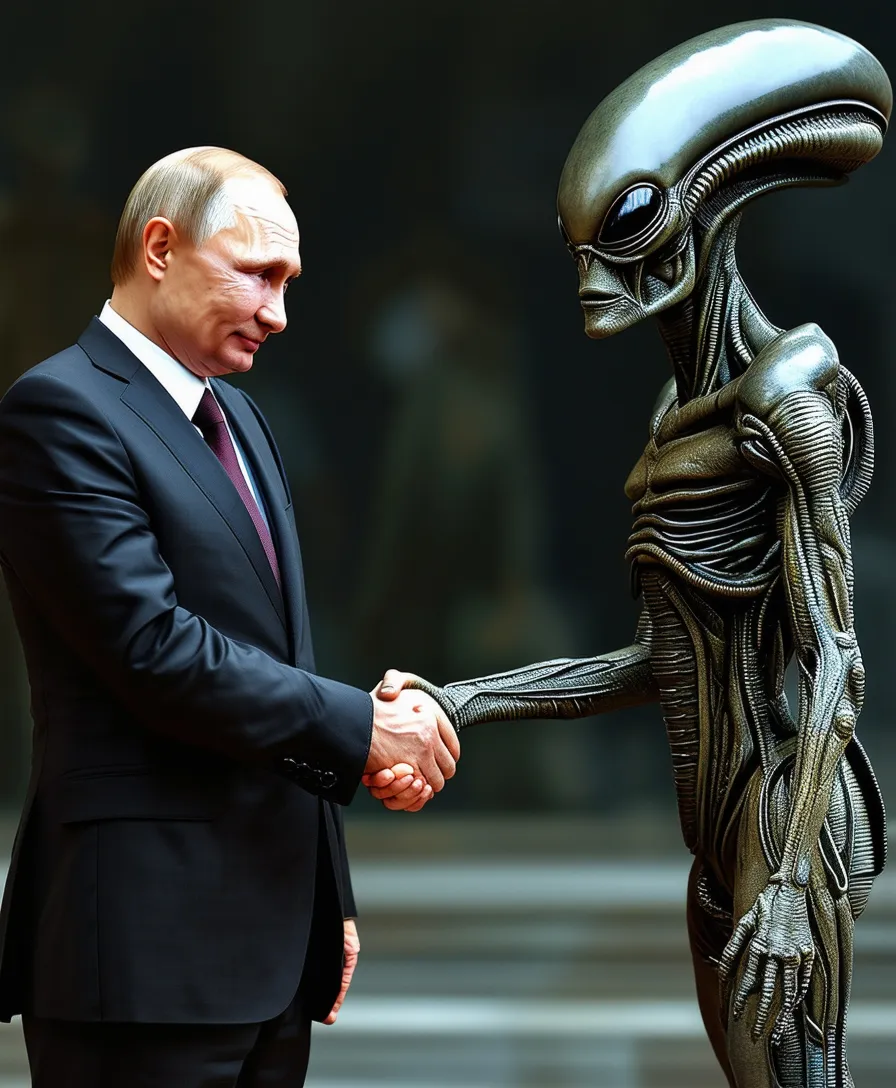 a man in a suit shaking hands with a statue of an alien