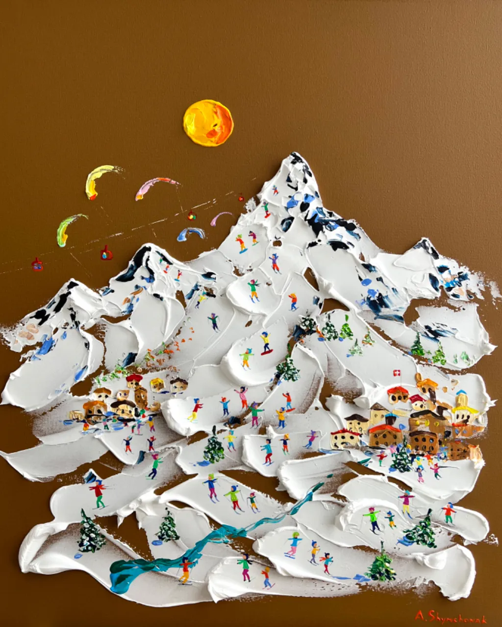 A minimalist Japanese-style mountain with people flying tiny kites