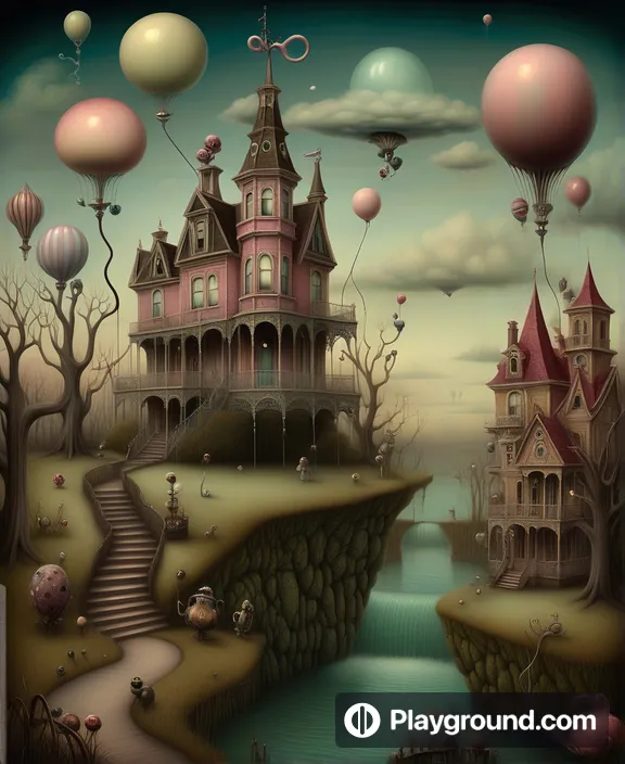 a painting of a house with balloons flying over it