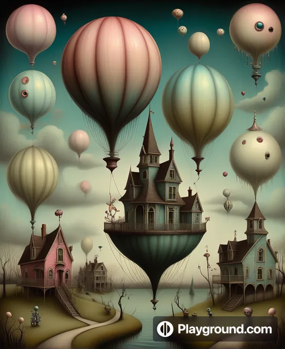 a painting of a house surrounded by hot air balloons