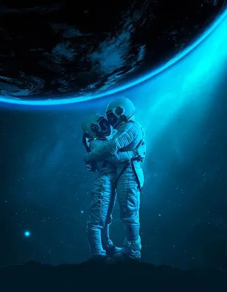 a couple in love in a space suit standing on top of a hill