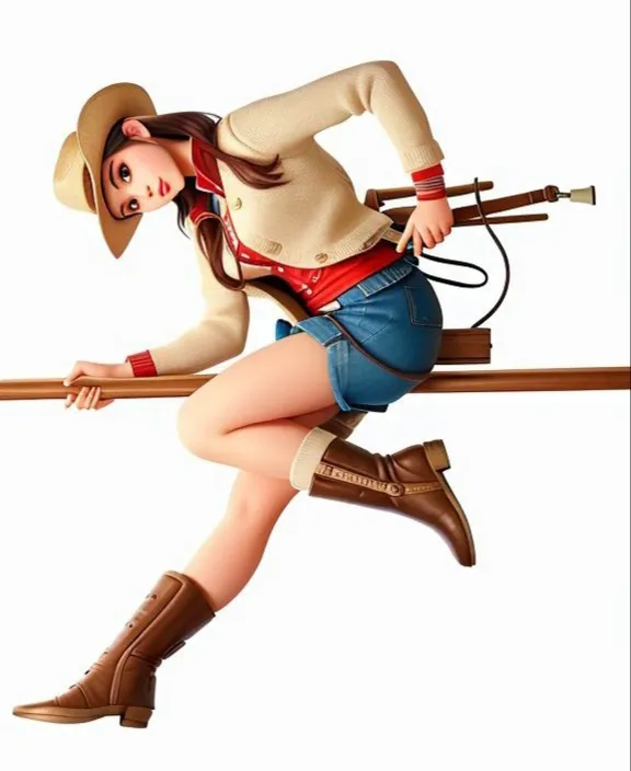 a woman in a cowboy outfit is holding a rifle