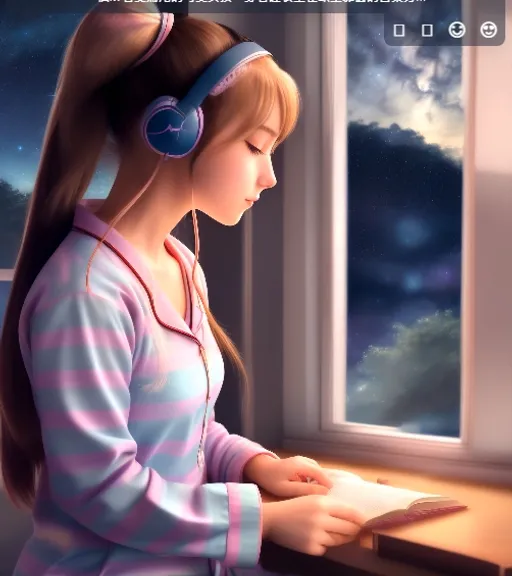 a girl with headphones is looking out of a window