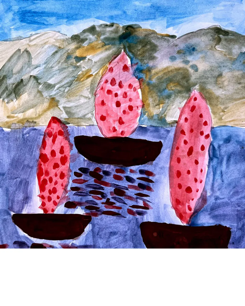 a painting of three pink boats sitting on a wave