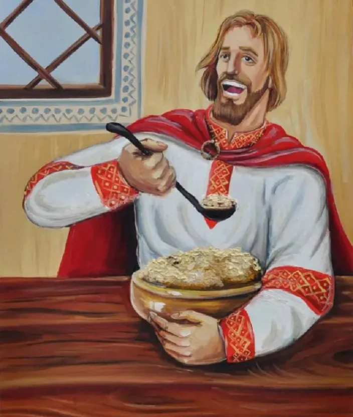 1. Can you describe a scene where a Russian hero is eating porridge? Specifically, I want you to mention that the hero is sitting at a wooden table.