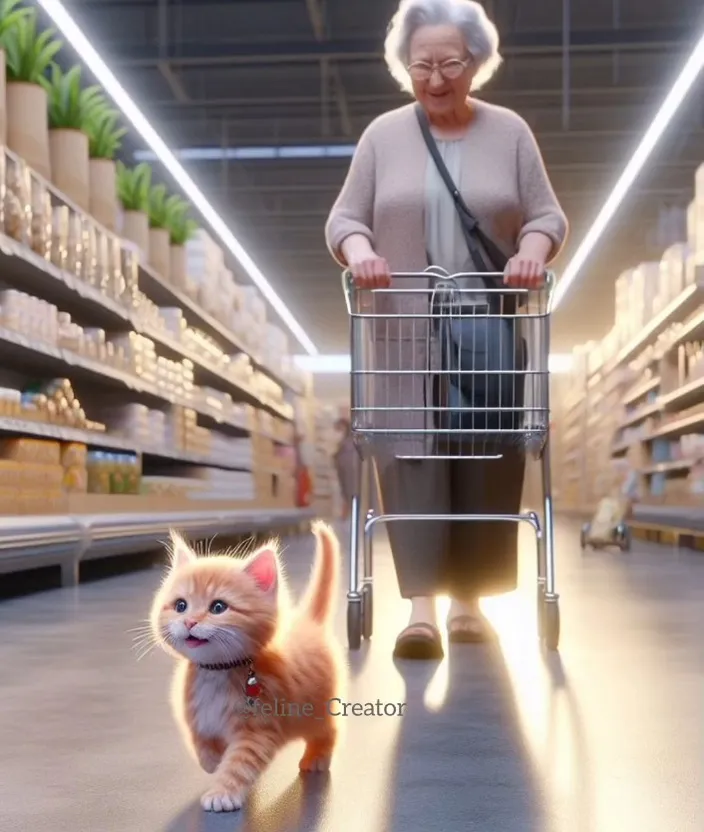 a woman pushing a shopping cart with a cat in it