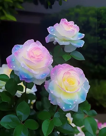 three pink and yellow roses with water droplets on them