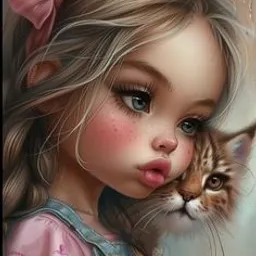 a painting of a little girl holding a cat