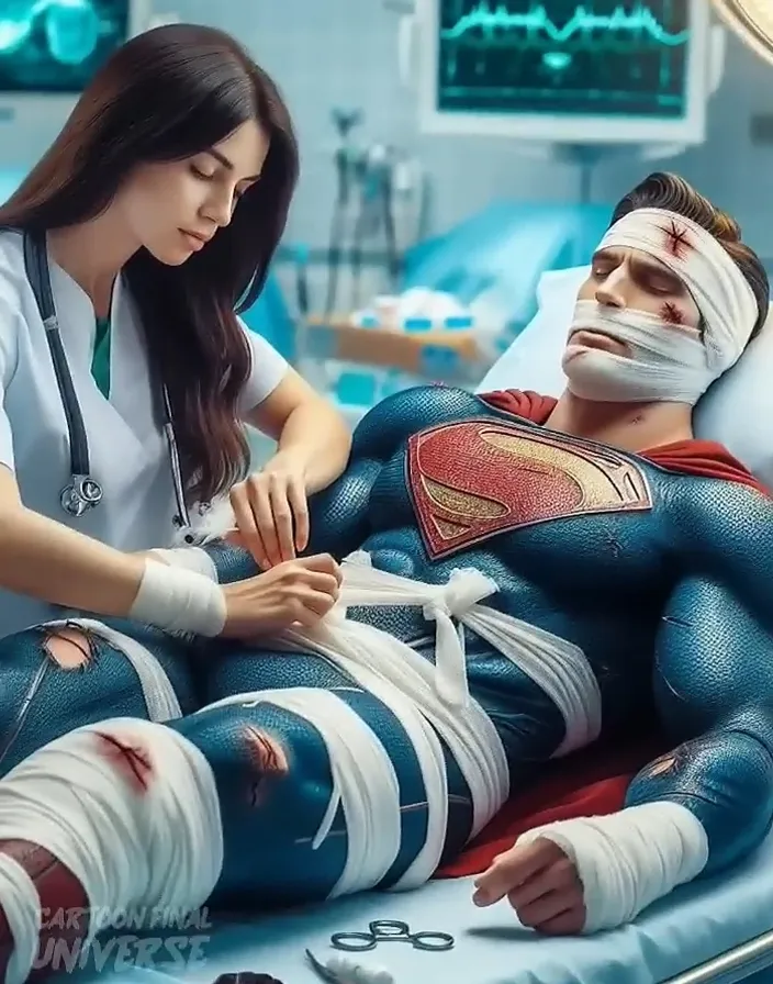 a woman in a white shirt and a man in a superman costume