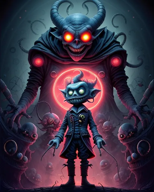 a cartoon character standing in front of a demonic demon