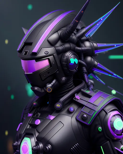 a futuristic man with a purple helmet and spikes on his head